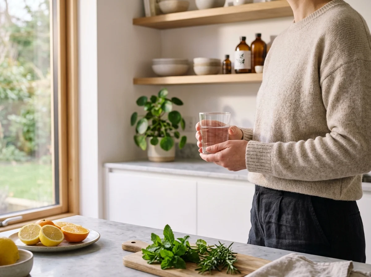 Persoon van achteren met een glas water in een moderne keuken