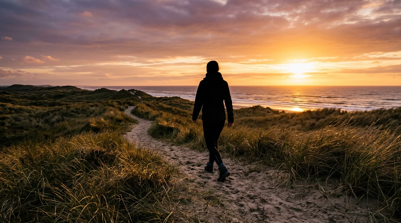 Anoniem silhouet van een wandelaar op een duin bij gouden zonsondergang