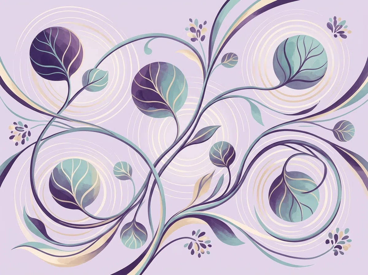 Abstracte botanische illustratie in paarse en groene tinten voor welzijn